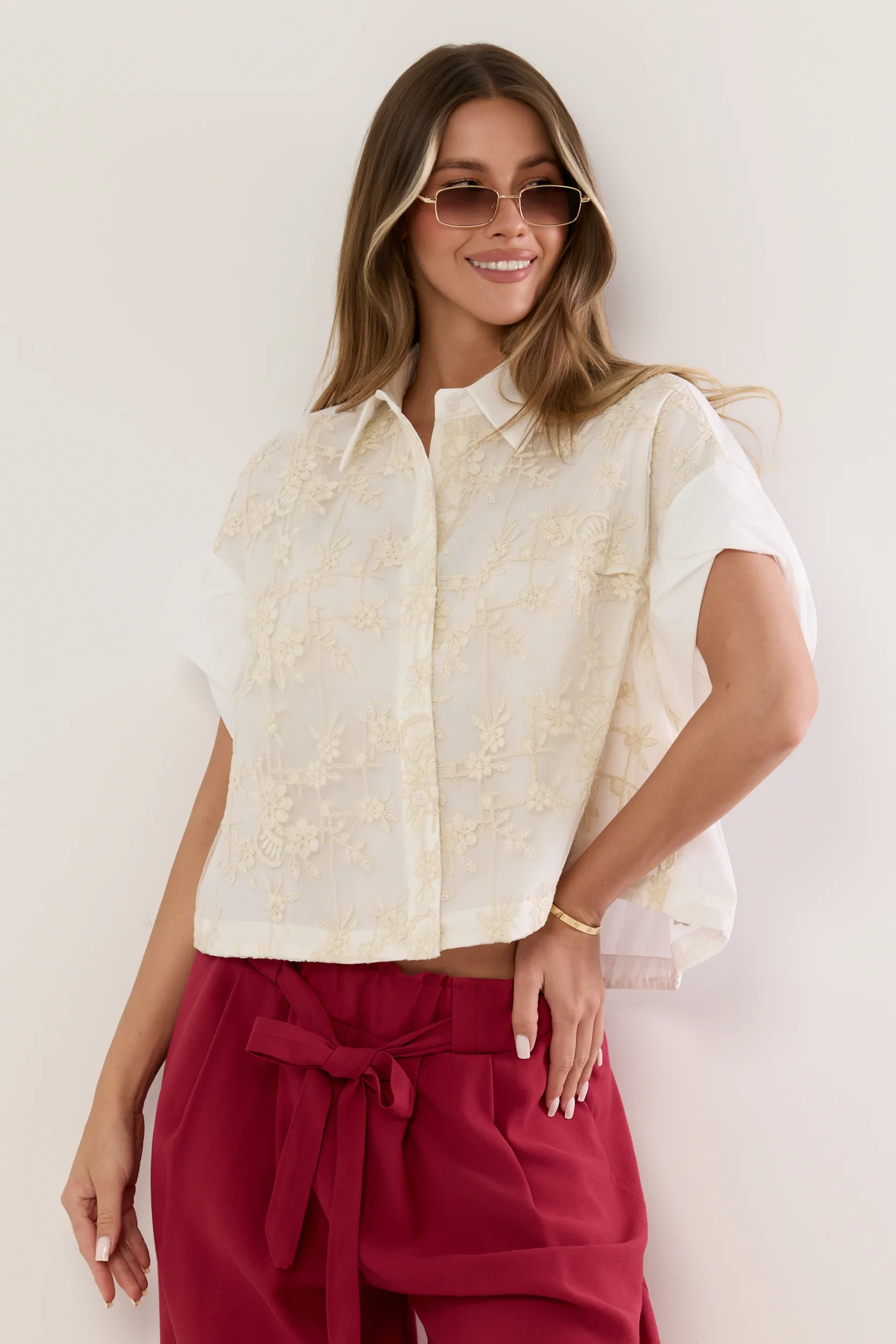 Komplet boho z haftem z koszulą i spódnicą midi