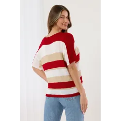 Dzianinowy sweter w poziome pasy z krótkim rękawem