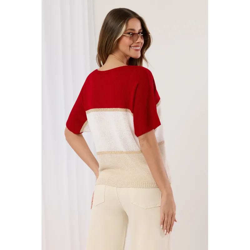 Sweter z metaliczną nitką i krótkim rękawem