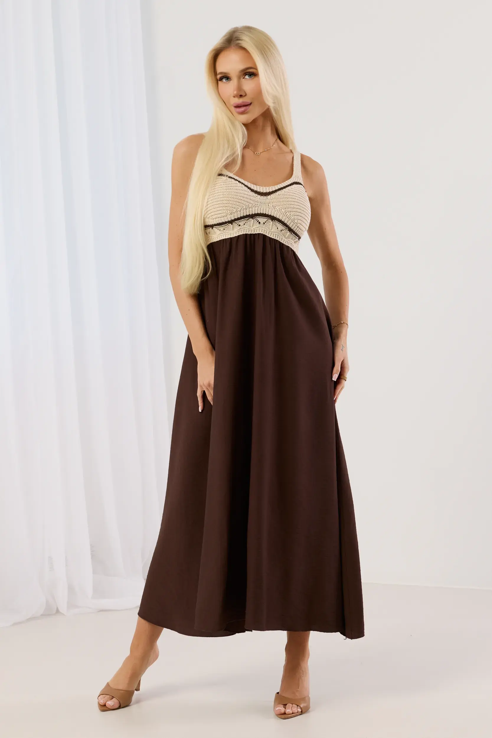 Sukienka maxi z dzianinową górą boho i gładką spódnicą