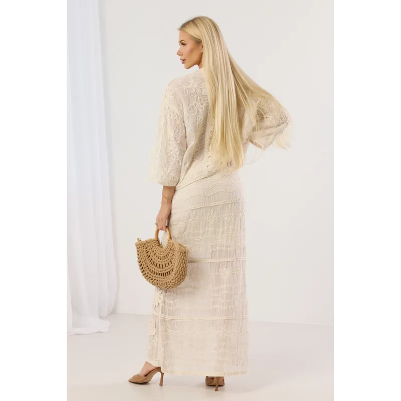 Ażurowy komplet boho z narzutką i spódnicą maxi z haftem