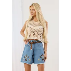 Krótki top ażurowy w stylu boho z falbankami