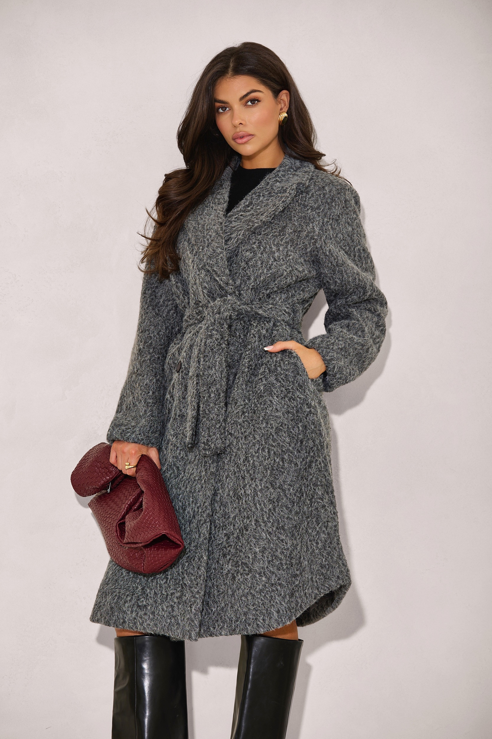 DWURZĘDOWY PŁASZCZ Z TKANINY BOUCLÉ Z PASKIEM