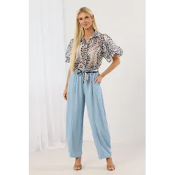 Spodnie wide leg z przeszyciami i ozdobnym paskiem paisley