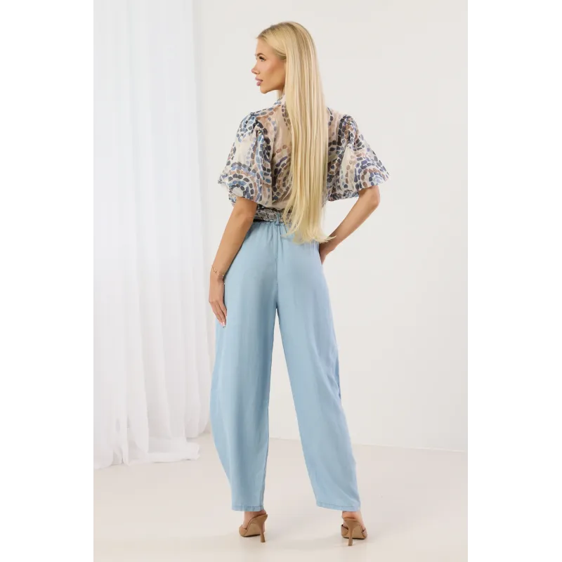 Spodnie wide leg z przeszyciami i ozdobnym paskiem paisley