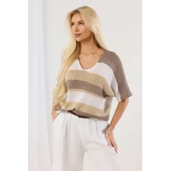 Dzianinowy sweter w poziome pasy z krótkim rękawem