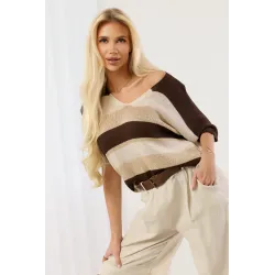 Dzianinowy sweter w poziome pasy z krótkim rękawem