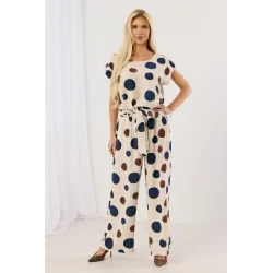 Komplet z bluzką i spodniami wide leg w duże grochy