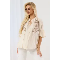 Bluzka boho z haftem i wiązanym dekoltem