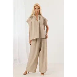 Lniany komplet casual z bluzką z plecionką i spodniami wide leg