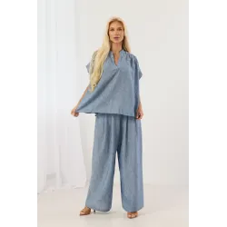 Lniany komplet casual z bluzką z plecionką i spodniami wide leg