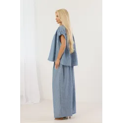 Lniany komplet casual z bluzką z plecionką i spodniami wide leg