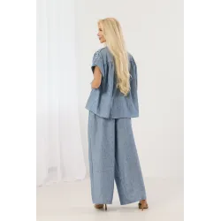 Lniany komplet casual z bluzką z plecionką i spodniami wide leg
