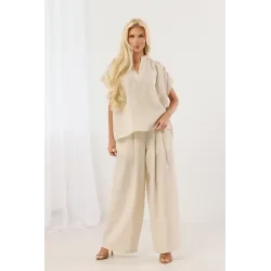 Lniany komplet casual z bluzką z plecionką i spodniami wide leg