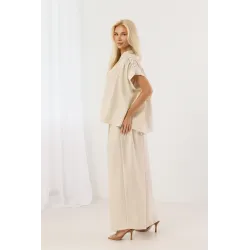 Lniany komplet casual z bluzką z plecionką i spodniami wide leg