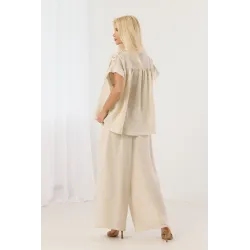 Lniany komplet casual z bluzką z plecionką i spodniami wide leg