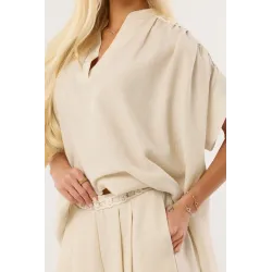 Lniany komplet casual z bluzką z plecionką i spodniami wide leg