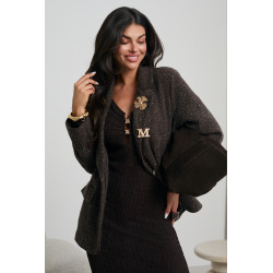 MARYNARKA O MELANŻOWEJ STRUKTURZE ZE ZŁOTYMI BROSZKAMI