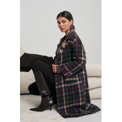 OVERSIZOWY PŁASZCZ W KRATĘ Z OZDOBNYMI BROSZKAMI