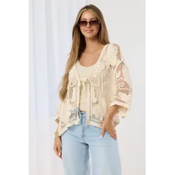 Ażurowy kardigan boho z haftem i siateczką
