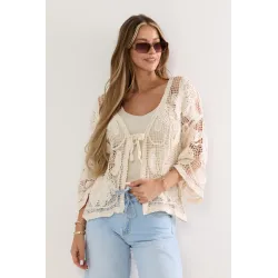 Ażurowy kardigan boho z haftem i siateczką