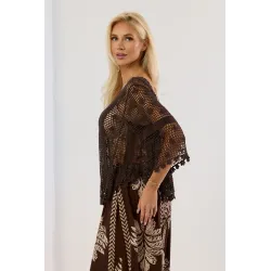 Ażurowa bluzka boho z szerokimi rękawami i frędzlami