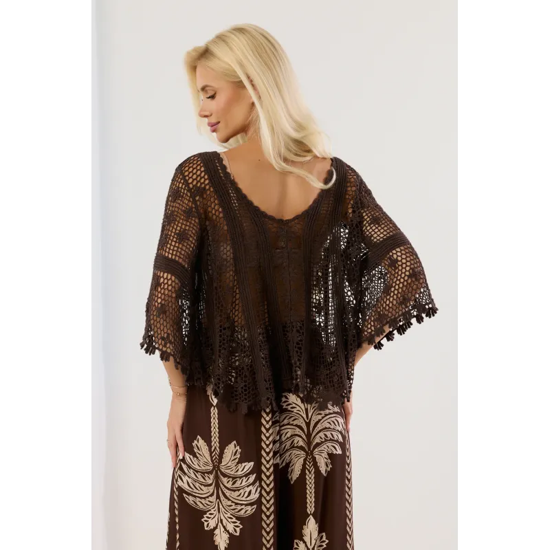 Ażurowa bluzka boho z szerokimi rękawami i frędzlami