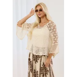 Bluzka ażurowa z siateczki boho z szerokimi rękawami