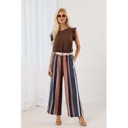 Spodnie wide leg w pionowe pasy z plecionym paskiem