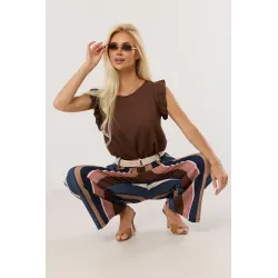 Spodnie wide leg w pionowe pasy z plecionym paskiem