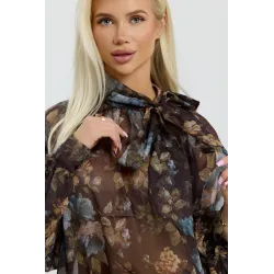 Bluzka w kwiaty z wiązaniem przy szyi