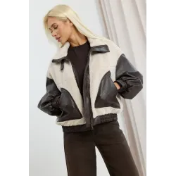Kurtka oversize z miękkim barankiem i wstawkami z ekoskóry