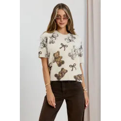 Sweter z krótkim rękawem w misie i kokardki