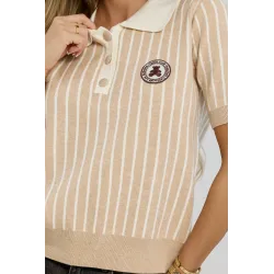 Sweter polo w paski z krótkim rękawem i naszywką misia