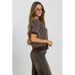 Sweter polo w paski z krótkim rękawem i naszywką misia