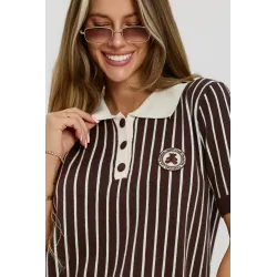 Sweter polo w paski z krótkim rękawem i naszywką misia