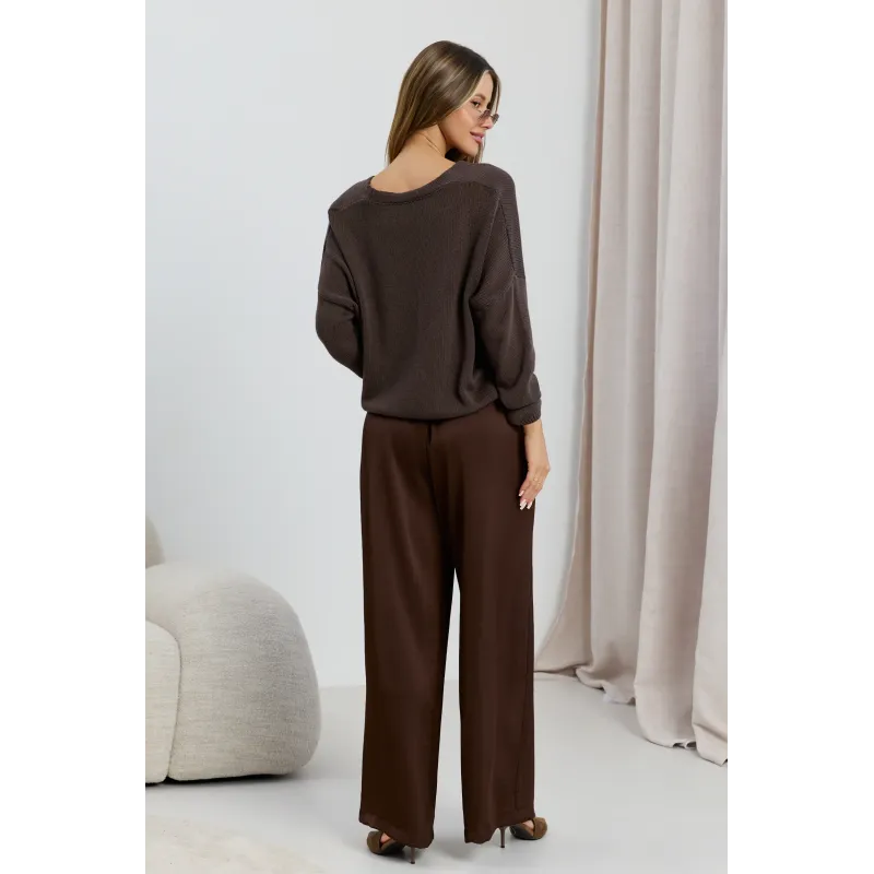 Satynowe spodnie wide leg z wysokim stanem