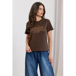 T-shirt z błyszczącym haftem i napisem