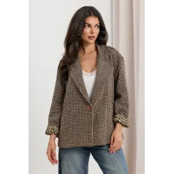 Marynarka oversize w pepitkę z mankietami w panterkę