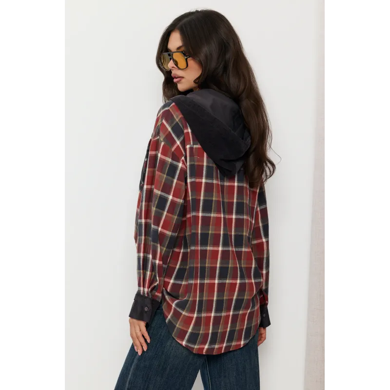Oversize'owa koszula w kratę z kontrastowym kapturem i kieszenią