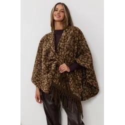 Wzorzyste poncho w panterkę z frędzlami