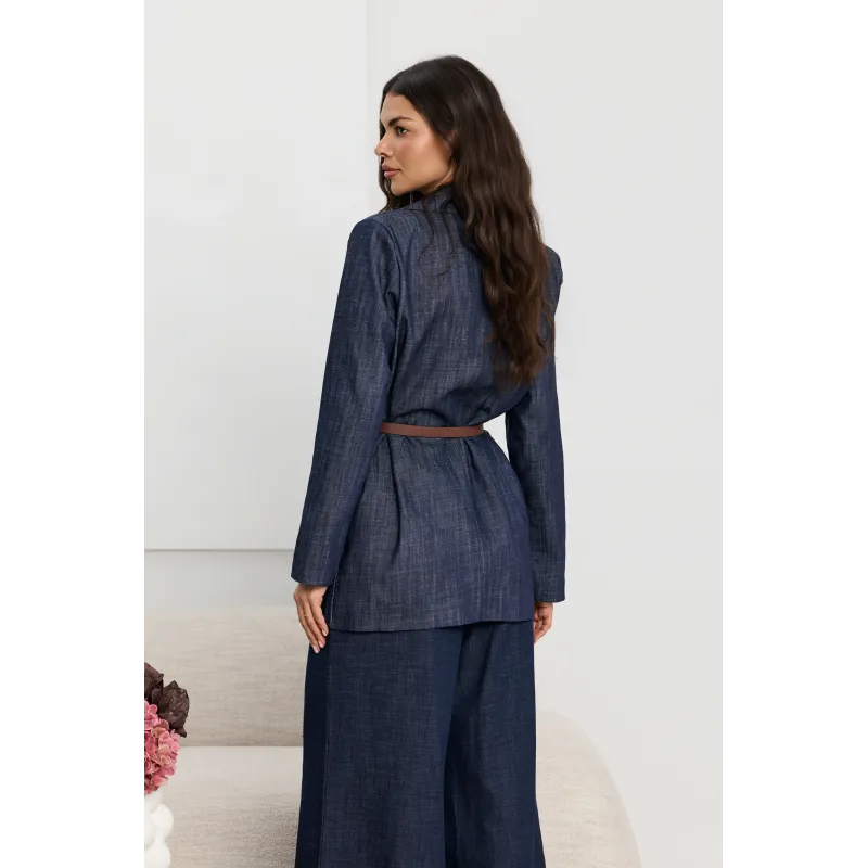 Jeansowa marynarka oversize z paskiem w talii