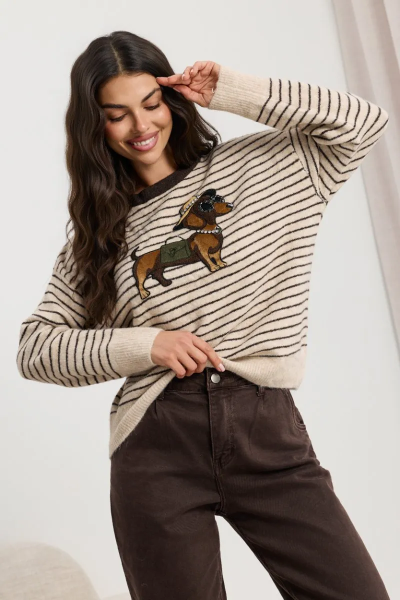 Sweter w paski z aplikacją jamnika