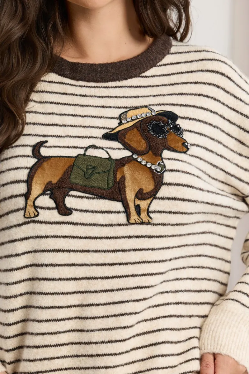 Sweter w paski z aplikacją jamnika