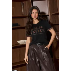 T-shirt z ozdobnym nadrukiem i wstawkami w panterkę
