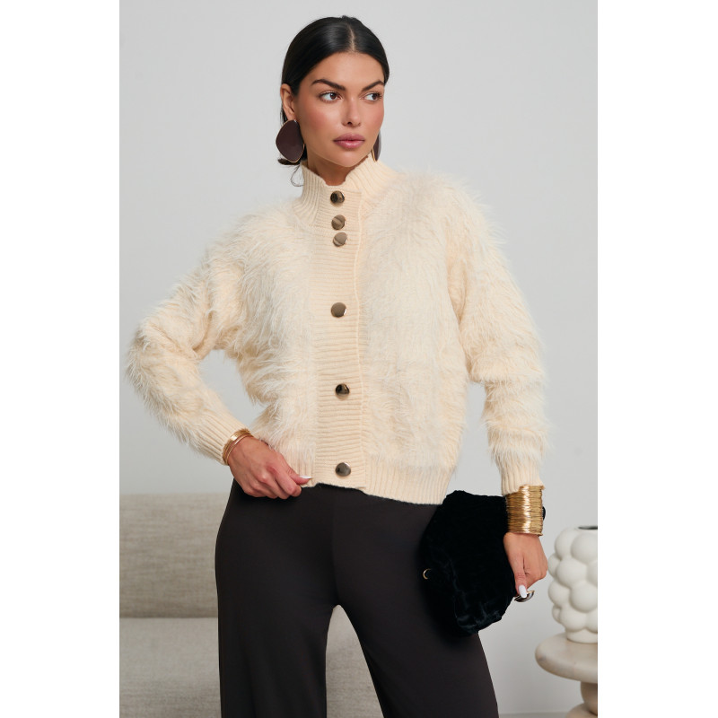 FUTRZANY KARDIGAN ZE ZŁOTYMI GUZIKAMI