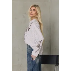 Koszula oversize w paski z haftem kwiatowym