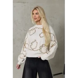Sweter z falbaniastym kontrastowym wykończeniem