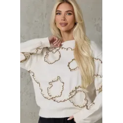 Sweter z falbaniastym kontrastowym wykończeniem