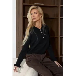 Wiskozowy sweter z ozdobnymi guzikami i falbankami na rękawach